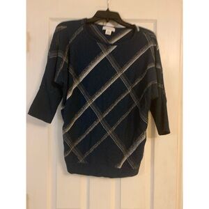Navy Blue Plaid Sweater Liz Claiborne 3/4 Sleeves